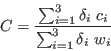 \begin{displaymath}
C = \frac{\sum_{i=1}^{3} \delta_i \ c_i}{\sum_{i=1}^{3} \delta_i \ w_i}
\end{displaymath}