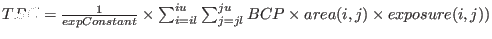 $TBC=\frac{1}{expConstant} \times \sum_{i=il}^{iu}\sum_{j=jl}^{ju} BCP \times area(i, j) \times exposure(i, j))$