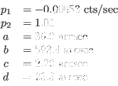 \begin{displaymath}\begin{array}[h]{cl}
p_1 & = -0.00653 \;\rm {cts/sec}\\
p_2 ...
...= 2.29 \;\rm {arcsec}\\
d & = 23.3 \;\rm {arcsec}
\end{array} \end{displaymath}