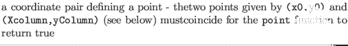 $\textstyle \parbox{.7\textwidth}{a coordinate pair defining a point - thetwo po...
...yColumn)} (see below) mustcoincide for the {\tt point} function to return true}$