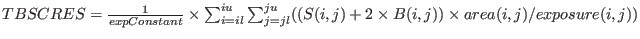 $TBSCRES=\frac{1}{expConstant} \times\sum_{i=il}^{iu}\sum_{j=jl}^{ju} ((S(i, j) + 2 \times B(i, j)) \times area(i, j) / exposure(i, j) )$