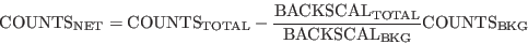 \begin{displaymath}
{\rm COUNTS}_{\rm NET} = {\rm COUNTS}_{\rm TOTAL}
- {{\rm ...
...OTAL} \over {\rm BACKSCAL}_{\rm BKG}}
{\rm COUNTS}_{\rm BKG}
\end{displaymath}