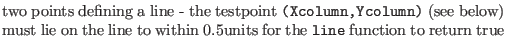 $\textstyle \parbox{.7\textwidth}{two points defining a line - the testpoint {\t...
... lie on the line to within 0.5units for the {\tt line} function to return true}$