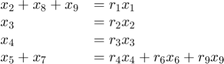 $$ \begin{array}{ll}&#xA;x_2 + x_8 + x_9 &amp; = r_1 x_1\\&#xA;x_3 &amp;= r_2 x_2 \\&#xA;x_4 &amp; = r_3 x_3\\&#xA;x_5 + x_7 &amp;= r_4 x_4 + r_6 x_6 + r_9 x_9 \end{array} $$