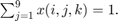 $\sum_{j=1}^9 x(i,j,k) = 1.$
