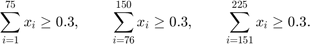 $$\sum_{i=1}^{75}    x_i \ge 0.3, \qquad$$
$$\sum_{i=76}^{150}  x_i \ge 0.3, \qquad$$
$$\sum_{i=151}^{225} x_i \ge 0.3.$$